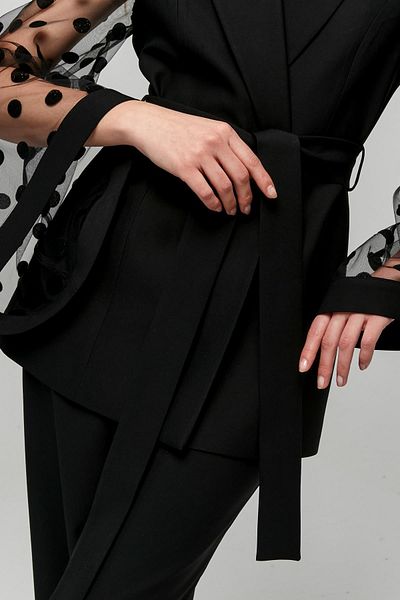 Appleline Black Velvet - Guipure Sleeve and Belted Polka Dot Jacket