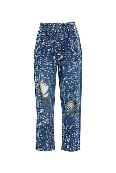 GİZİA Beli Lastikli Eskitme Efektli Jagron Detaylı Mavi Mom Jean
