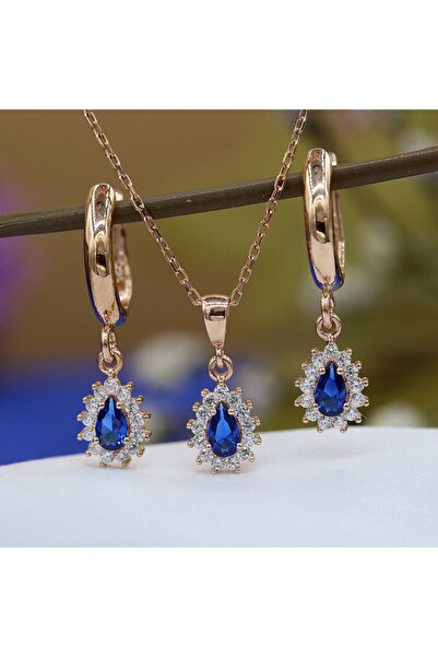 Takı Boom Safir Damla Kolye Küpe Seti, Lacivert Taşlı Minimal Anturaj, Rose G...