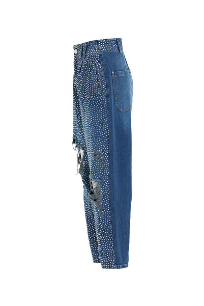 GİZİA Beli Lastikli Eskitme Efektli Jagron Detaylı Mavi Mom Jean