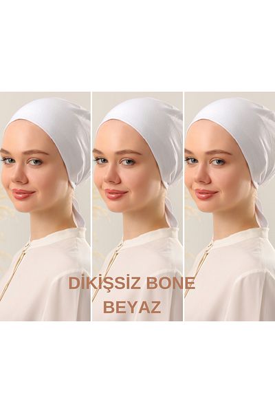 Melodi Scarf White Hijab Seamless Women's Set - 3 Lace-Up Combed Cotton Bonnet