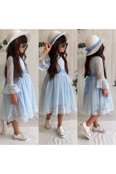 Mixie Rochie pentru fetiță model prințesă albastră cu șapcă și dantelă