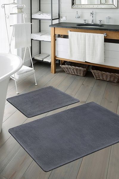 Sarar Plush Anthracite Non-Slip Base 2-Piece Bath Mat Set (50X80 50X40)