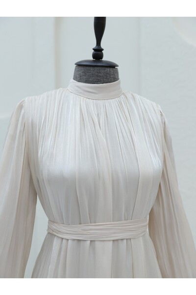 Modamorfo Shimmering Fabric Balloon Sleeve Dress with Gathered Shoulders - Beige