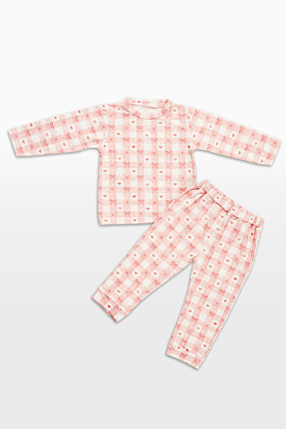 babynup Pembe Kalpli Kurdele Desenli Soft Kız Bebek Çocuk Pijama Takımı