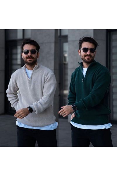 mayastyle Men's 2-Pack Half Zip Green Beige Knitwear Sweater