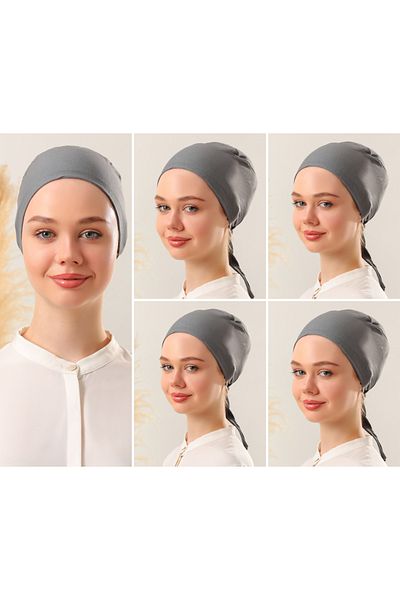 Melodi Scarf Dark Gray Hijab Stitched Women's Bonnet Set 5 Pieces - Tied Combed Cotton