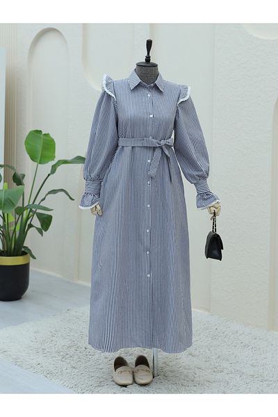 Modamorfo Kleid mit Knopfleiste vorne, Spitzendetail und Gürtel – dunkel