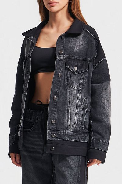 its basic Women's Dark Smoked Color 2W41 Knitted Denim Blended Oversize Jacket Coat