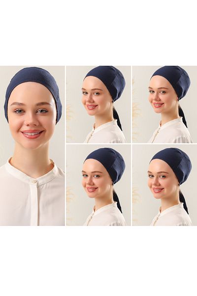 Melodi Scarf Women's Hijab Seamless Set Bonnet Navy Blue 5 Pcs Laced Combed Cotton Bonnet