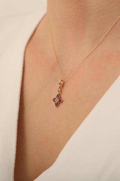 Bayar Gold 14 Ayar Altin Kırmızı Lotus Çiçeği Kolye