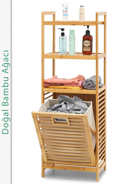 Digithome Bambu Kirli Sepetli 3 Raflı Çok Amaçlı Banyo Düzenleyici Çamaşır Sepeti Organizer DB-0002