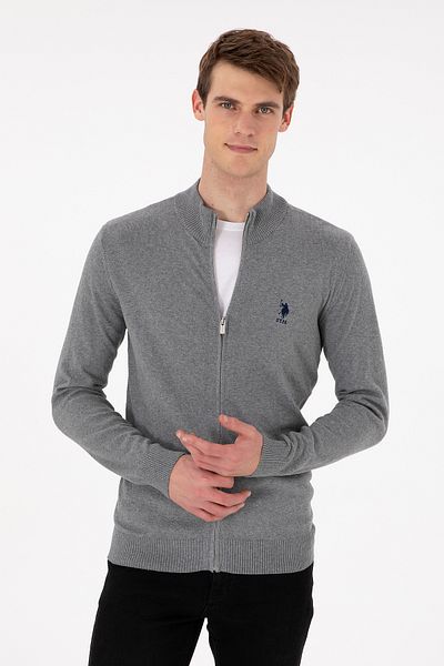 U.S. Polo Assn. Men's Gray Melange Basic Knitwear Cardigan 50293526 -Vr086