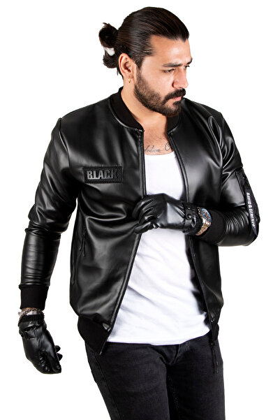 DeepSEA Erkek Siyah Slim Fit Suni Deri Ceket Dar Kesim Önü Fermuarlı Deri Mont 1820094