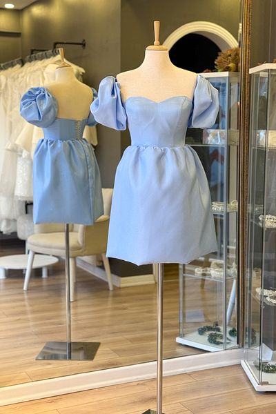Lenta Moda Μίνι σατέν βραδινό φόρεμα και βραδινό φόρεμα με λεπτομέρεια μανίκι μπλε μπαλόνι