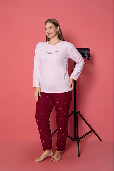 Meri Women's Pink Large Size Long Sleeve Round Neck Cotton Milan Fabric Oversize Pajama Set