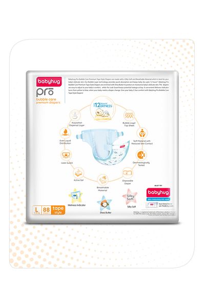 Babyhug Pro Bubble Care Premium Tape Style Diaper Large, Size 4 - 176 Pieces