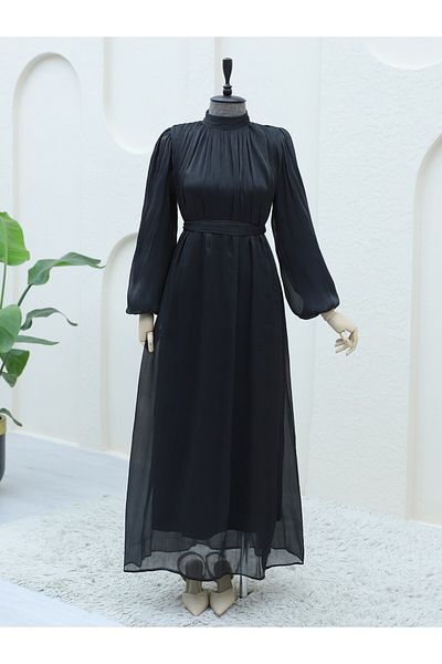 Modamorfo Schulterfreies, glitzerndes Ballonärmelkleid aus Stoff – Schwarz