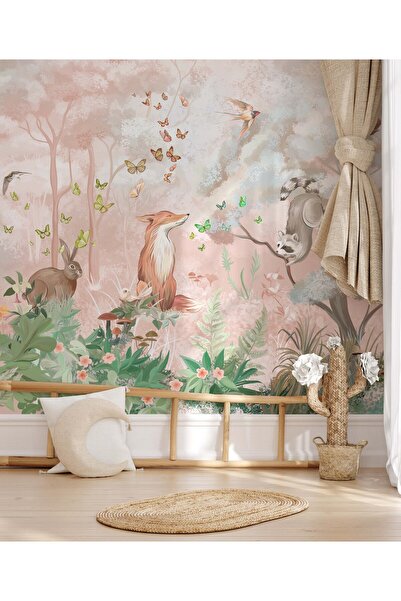 Tasarım Pembe Orman Hayvanları Tilki Tavşan Rakun Kelebekler Çocuk Odası Duva...