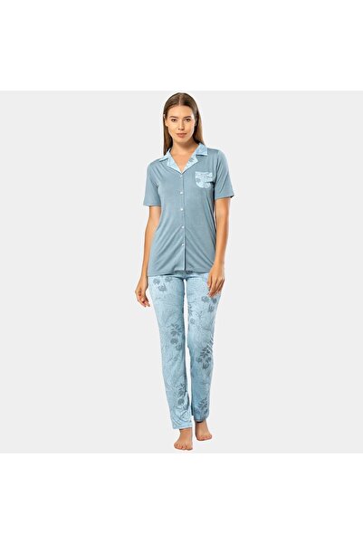 TÜREN Leaf Patterned Short Sleeve Pajamas 3376/Blue