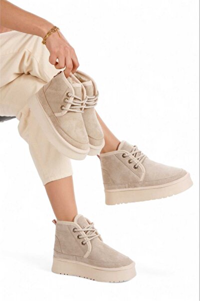 Lideral Heribo Bej Rengi İçi Yünlü Kalın Tabanlı Bağcıklı Bot