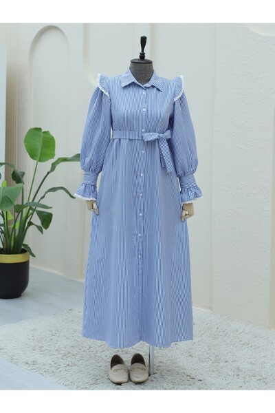 Modamorfo Сукня з гудзиками спереду, мереживом і поясом - Індиго