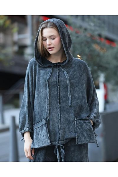 Sosyete Kaplumbağa Authentic Knitwear 100% Cotton Hooded Distressed 2Pockets Oversize Loose Blouse Sweater