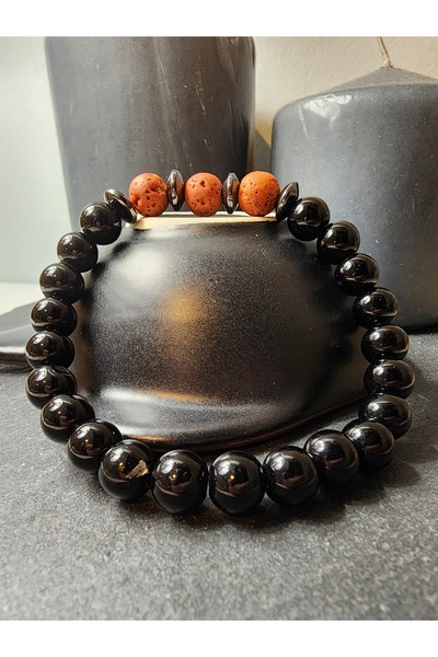 Şifa Köşesi Unisex Natural Stone Bracelet - Red Lava, Onyx and Hematite, Prot...