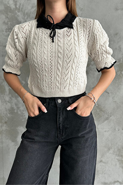 macharelbasic Γυναικεία κοντομάνικη πλεκτή μπλούζα με γιακά Κρεμ/μαύρο