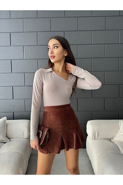Fav Style Μπεζ Γυναικεία Crop Μπλούζα - Ασύμμετρη Πόλο Λαιμόκοψη, Μακρυμάνικο