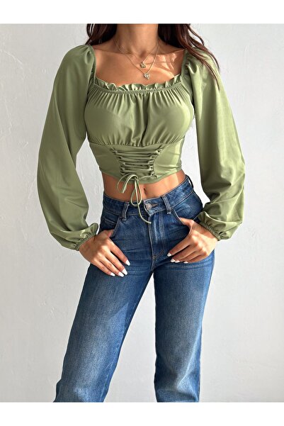 QUTTA Zelené balonové rukávy - Madonna Neck živůtek vzhled Diver Crop halenka