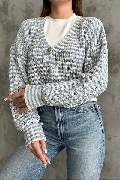 macharelbasic Women's Striped Metal Button Balloon Sleeve Seasonal Cardigan Blue