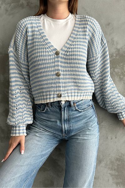 macharelbasic Women's Striped Metal Button Balloon Sleeve Seasonal Cardigan Blue