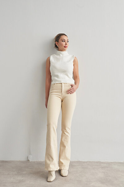 Rabia Çelik Pantaloni de damă crem cu talie înaltă din lycra spaniolă, model ...