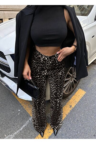 LB Laluna Butik Women's Leopard High Waist Palazzo Trousers Denim Fabric