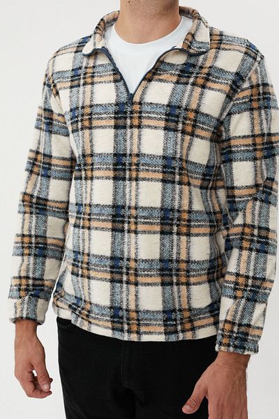 Twister Jeans ESW 2778 - Мъжки кашмирен суитшърт на каре, с половин цип, яка тип „стоп“, тъмносиньо екрю