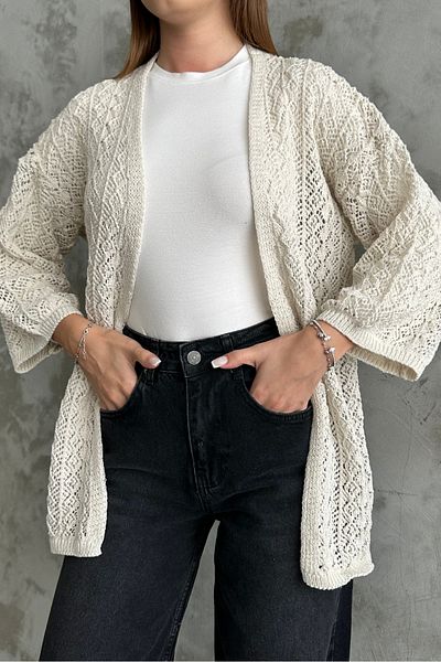 macharelbasic Cardigan ajurat sezonier crem cu mânecă scurtă pentru femei