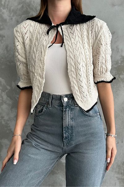 macharelbasic Women's Polo Neck Lace-Up Knitwear Sweater Crop Cream