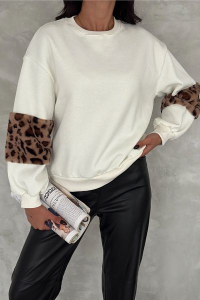FEMELLE Hanorac oversize din bumbac cu mâneci leopard pentru femei