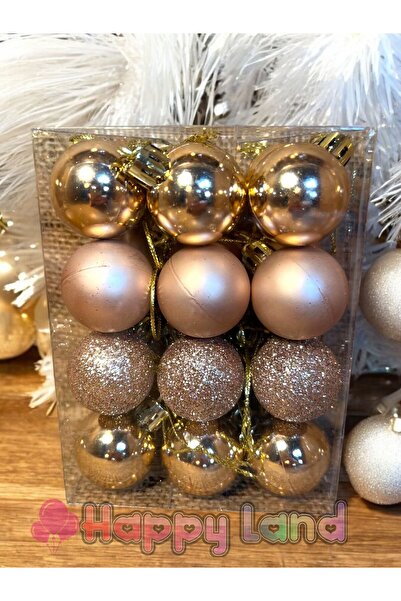 Happyland Yılbaşı Çam Ağacı Süsü Rose Gold 24 Adet  3 cm Asetat Kutulu Rose Cici Top Setşi
