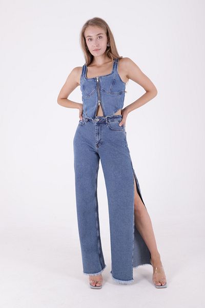 RICHMOST Comfortable Palazzo Women's Jeans with Side Slit Detail and High Waisted Pockets Blue Jean Richmost