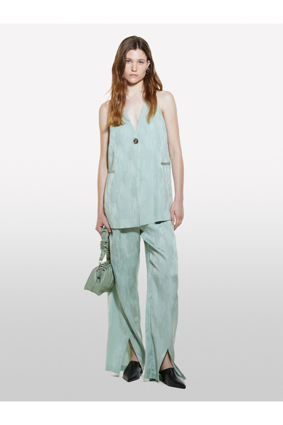 Sisley Women's Mint Green Viscous Liyosel Blended Ribbed Pocket Buttoned Long Vest