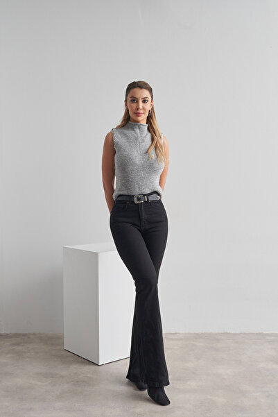 Rabia Çelik Kadın Siyah Yüksek Bel Likralı İspanyol Paça Marka Model Jean Pantolon