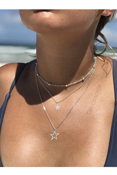 TakıConcept Gümüş Renk Zincirli Yıldız Detaylı Üçlü Sallantılı Çoklu Kolye