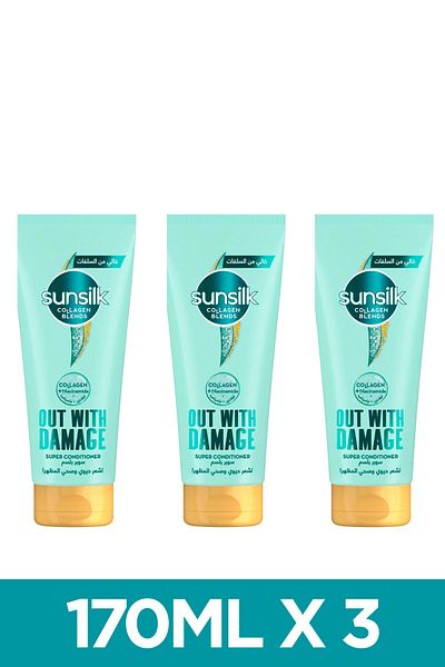 Sunsilk بلسم مزيج الكولاجين للشعر التالف، غني بالنياسيناميد والكولاجين، 170 مل × 3