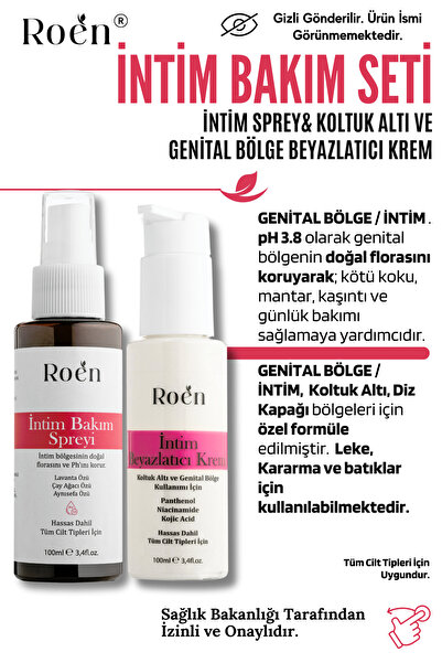 Roen Genital Bakım Seti, pH Dengel İntim Sprey& Koltuk Altı ve Genital Bölge Beyazlatıcı Krem