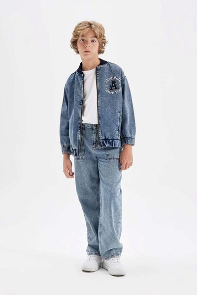 DeFacto C3685 Jachetă bomber din denim cu imprimeu sezonier, cu guler de colegiu, cu buzunar cu fermoar
