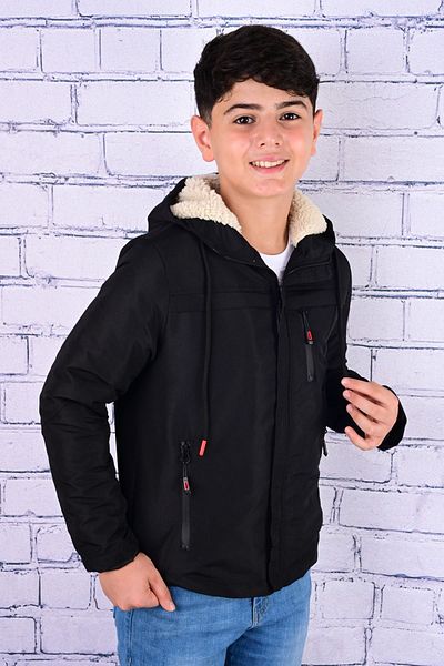 han kids Han Kids Water Resistant Hooded Pocket Raincoat with Fur Inside Winter Coat