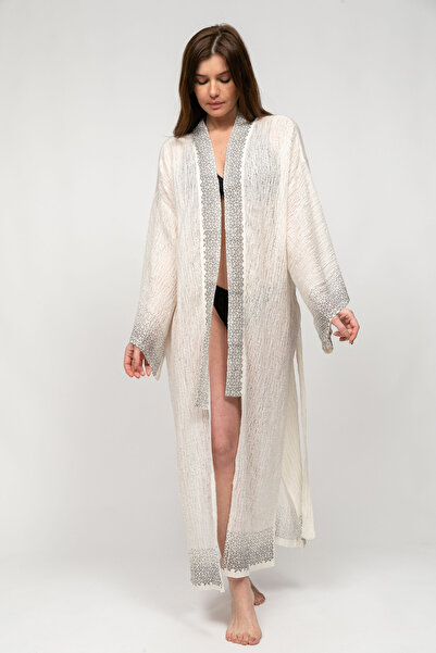 Atolyia Efes El Baskılı Kimono, %100 Pamuk Uzun Kimono