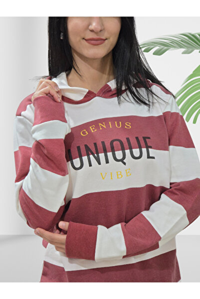 YusGos Unique Printed Hooded Striped Sweatshirt (Red-White)